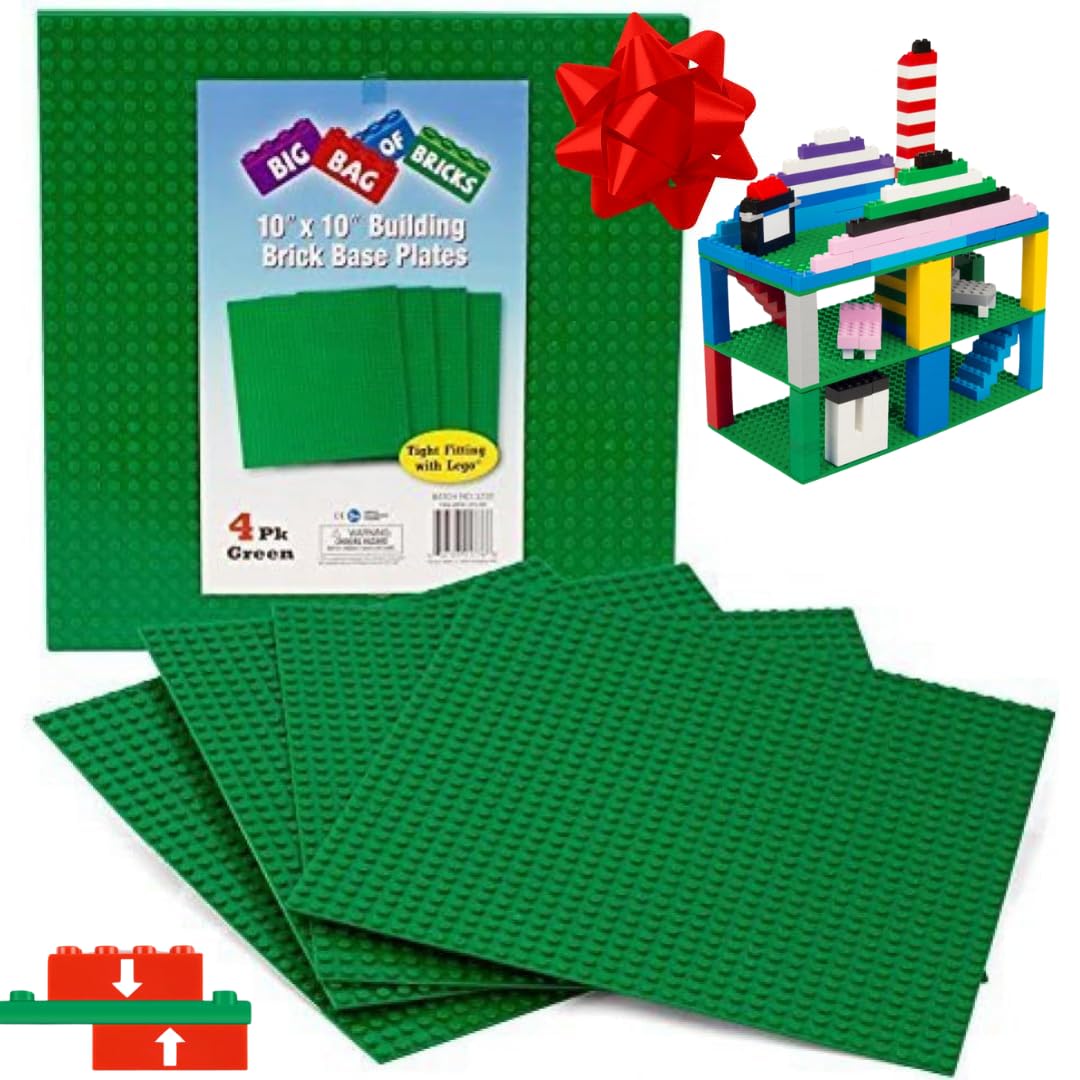 Classic Baseplates for Building Bricks - Set of 4 Large Green 10"x10" Building Plates- Dual Connectivity, Build on Both Sides - Compatible, Tight Fit w Major Brands- STEM Creative Toy & Kids Bday Gift