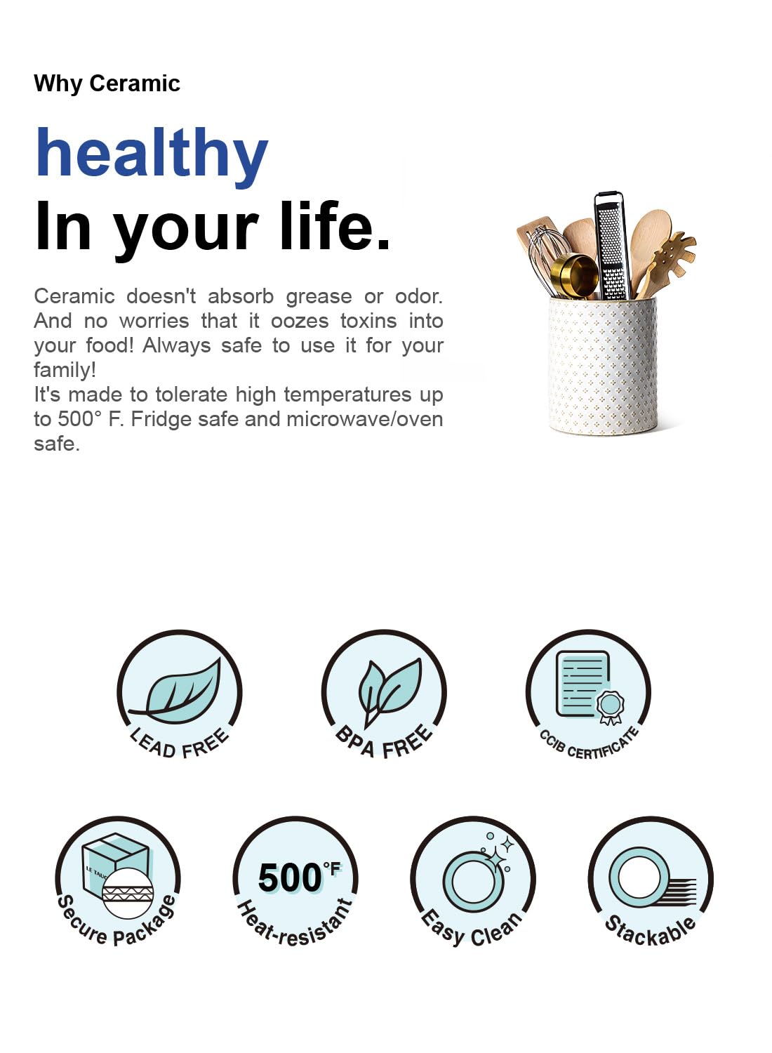 LE TAUCI Utensil Holder for Kitchen Counter - 7.1" Large Ceramic Kitchen Utensil Holder, Embossed Cooking Utensil Crock for Spatula, Spoon - Farmhouse Kitchen Decor & Organizer, White, Clover