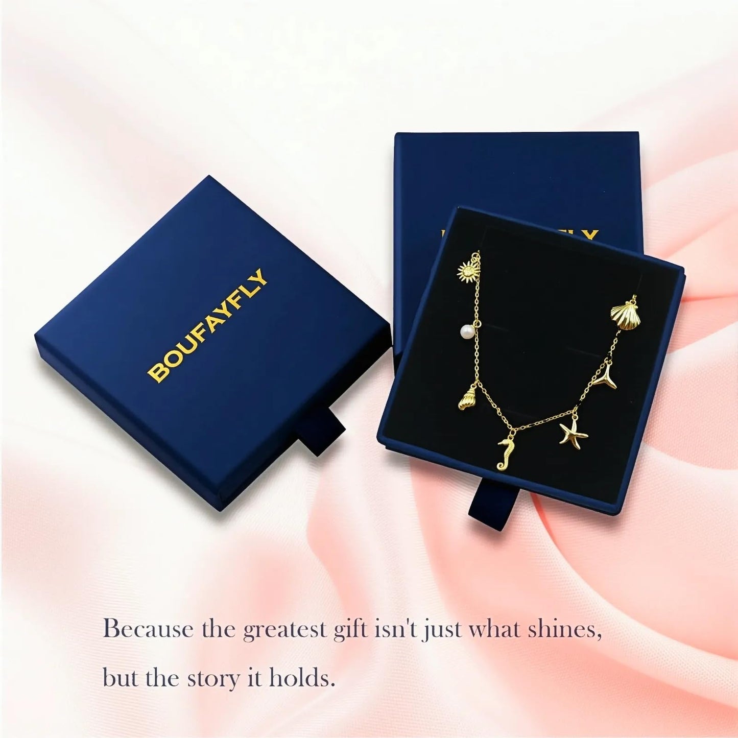 Ocean Charm Necklace for Women - 14K Gold Plated Sterling Silver with Shell Starfish Seahorse Pearl Whale Tail Charms, Adjustable 16-18 Inch Chain, Delicate Beach Jewelry