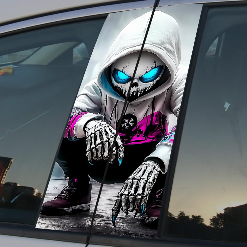 2 Pack Horror Child Killer Sticker,Spider Wolf Car Center Pillar Decals,Scary Car B-Pillar Stickers Door Window Posts Trim 11in*18.89in (Skull Child)