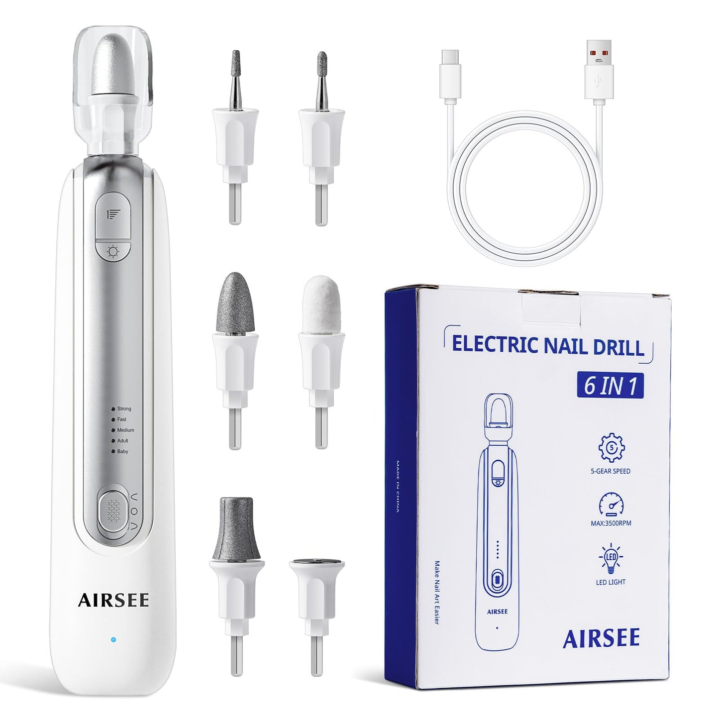 AIRSEE Electric Nail File Set Cordless Nail Drill Machine,5 Speeds Hand Foot Care Tool for Nail Grind Trim,Sliver