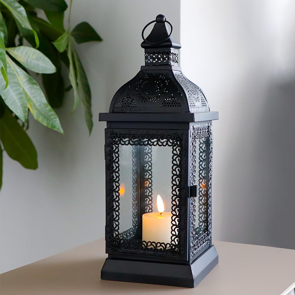 TRIROCKS Rustic Style Metal Candle Lantern 13'' High Decorative Outdoor Lantern Candle Holder with Tempered Glass for Christmas Living Room Garden Patio Parties Indoors Outdoors (Black)