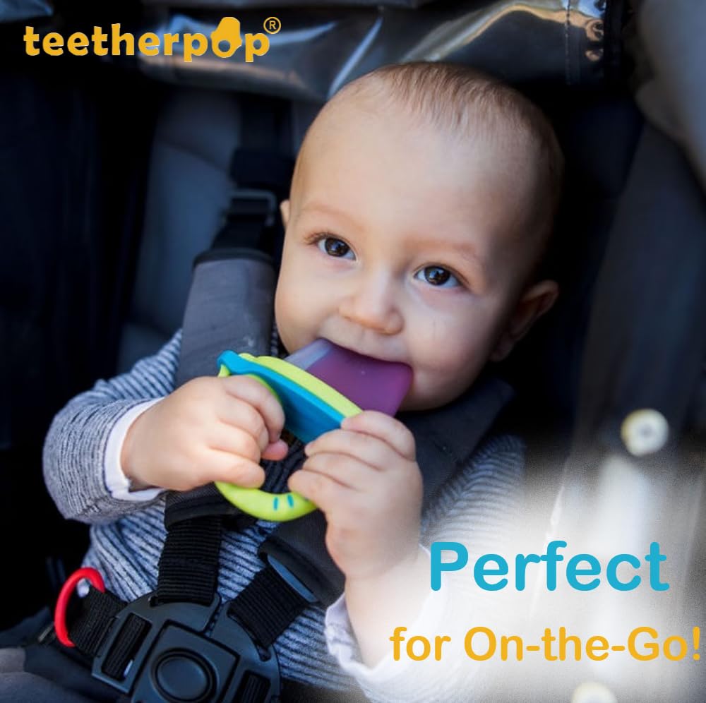 Teetherpop Fillable Silicone Teether for Babies (3-Pack) – Breastmilk Popsicle Molds for Teething w/Spill-Proof Sippy Slits – Baby Teethers for Liquid & Purée – Cooling Teething Relief (BlueOrange)