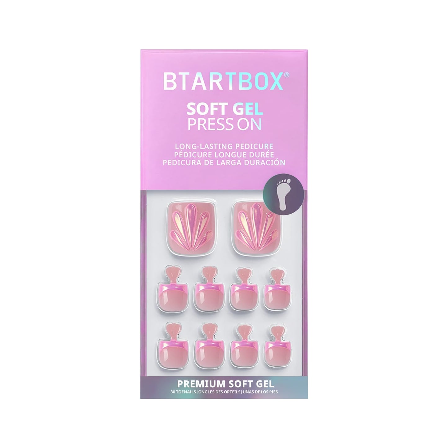 BTArtbox Press On Toenails Short - Shell Glow Pedi, Easy-to-Apply 3D Sculpting Pink French Tip Square Toe Nail Press Ons with Glue and Adhesive Tabs in 15 Sizes - 30 Toenails All-in-One Kit
