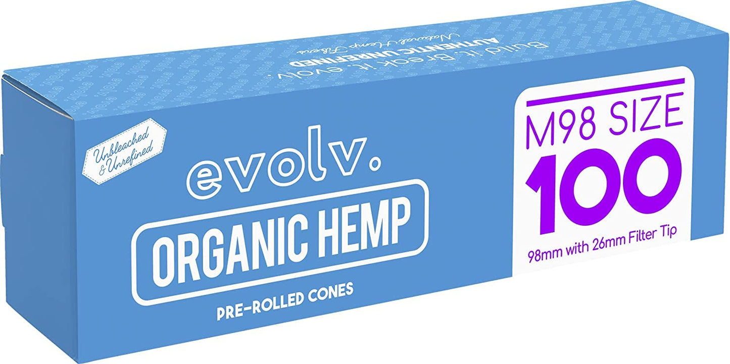 Evolv Organic Hemp Pre Rolled Cones Rolling Paper | Size: M98 (98/26mm) | 100 Count Case | Unbleached, Slow Burning Preroll Cones | Artisan Crafted Rolling Cone