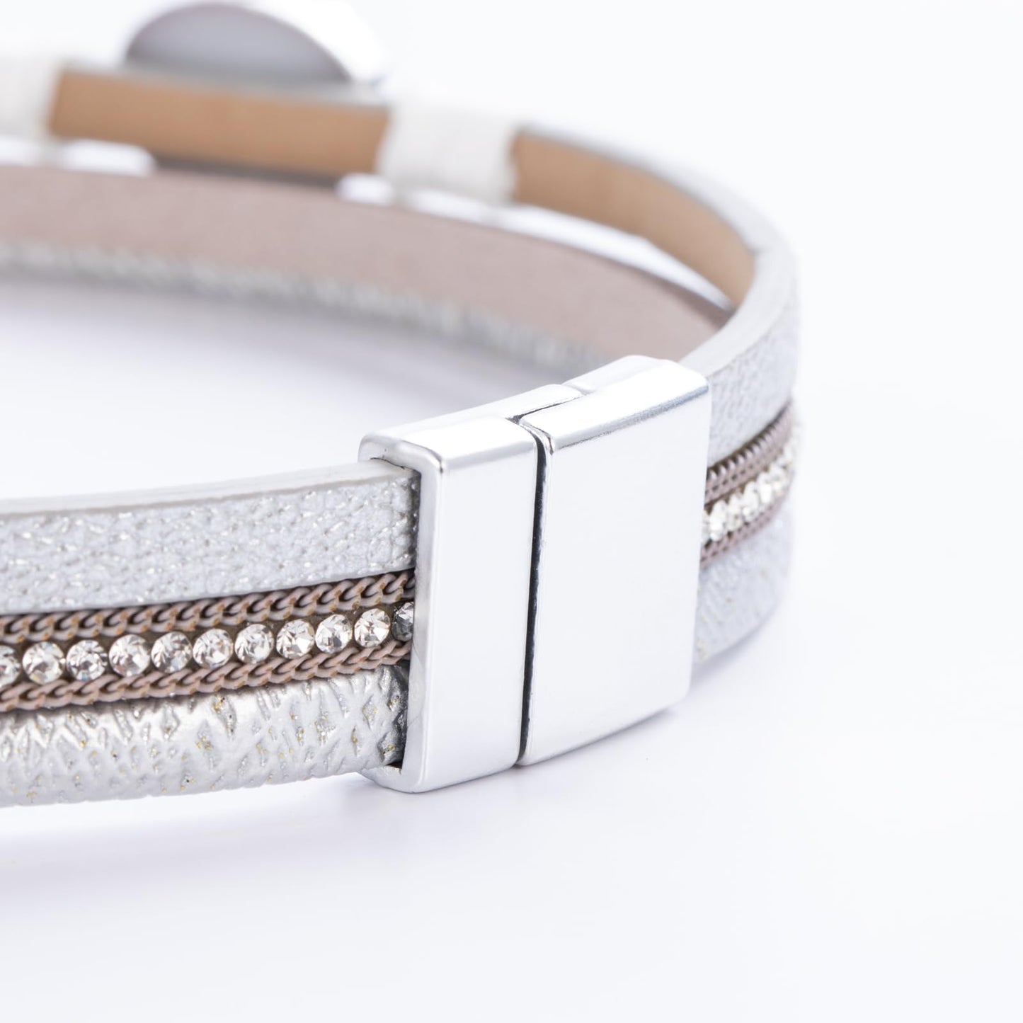 FANCY SHINY Boho Leather Wrap Bracelet Stackable Chunky Crystal Cuff Bracelets with Magnetic Clasp Cowboy Cowgirl Western Summer Beach Outfits Jewelry Gifts for Women (14.7", Silver)