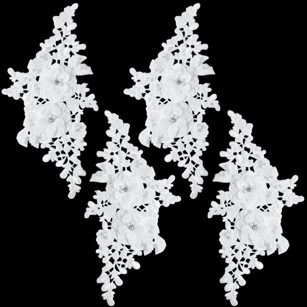 CABODYALS 4Pcs Beaded Lace Appliques White Pearl 3D Flower Crystal Applique Polyester Embroidery Floral Rhinestone Sew on Patches for Sewing Making Dresses Clothes Wedding Gown Headpiece DIY Supply