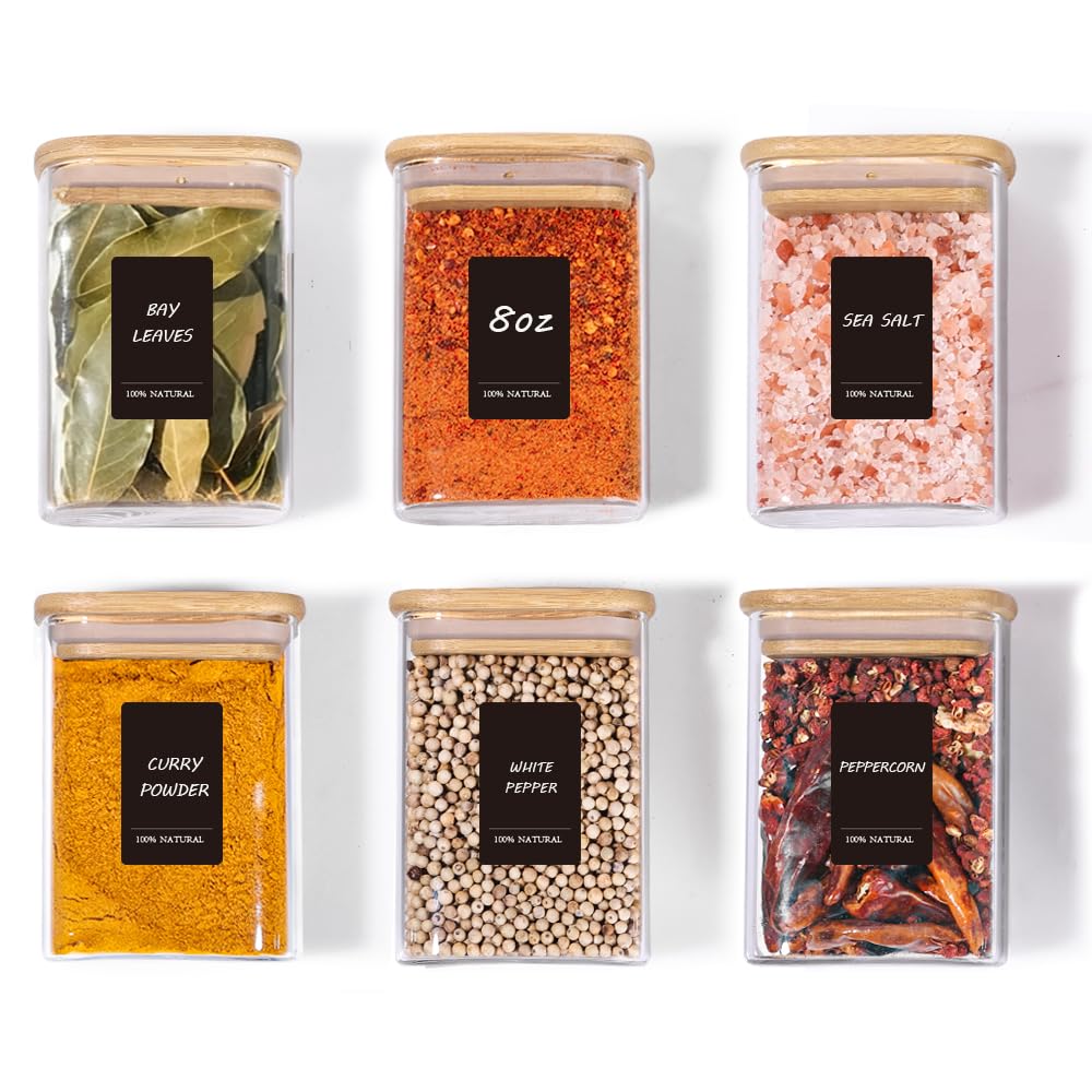 Comsaf Spice Jars with Label,8 oz Small Glass Jars with Lids, 6 Pcs Seasoning Containers, Rectangle Glass Containers with Lids, Empty Seasoning Jars for Pantry Storage, Loose Tea, Herbs, Powders, Salt