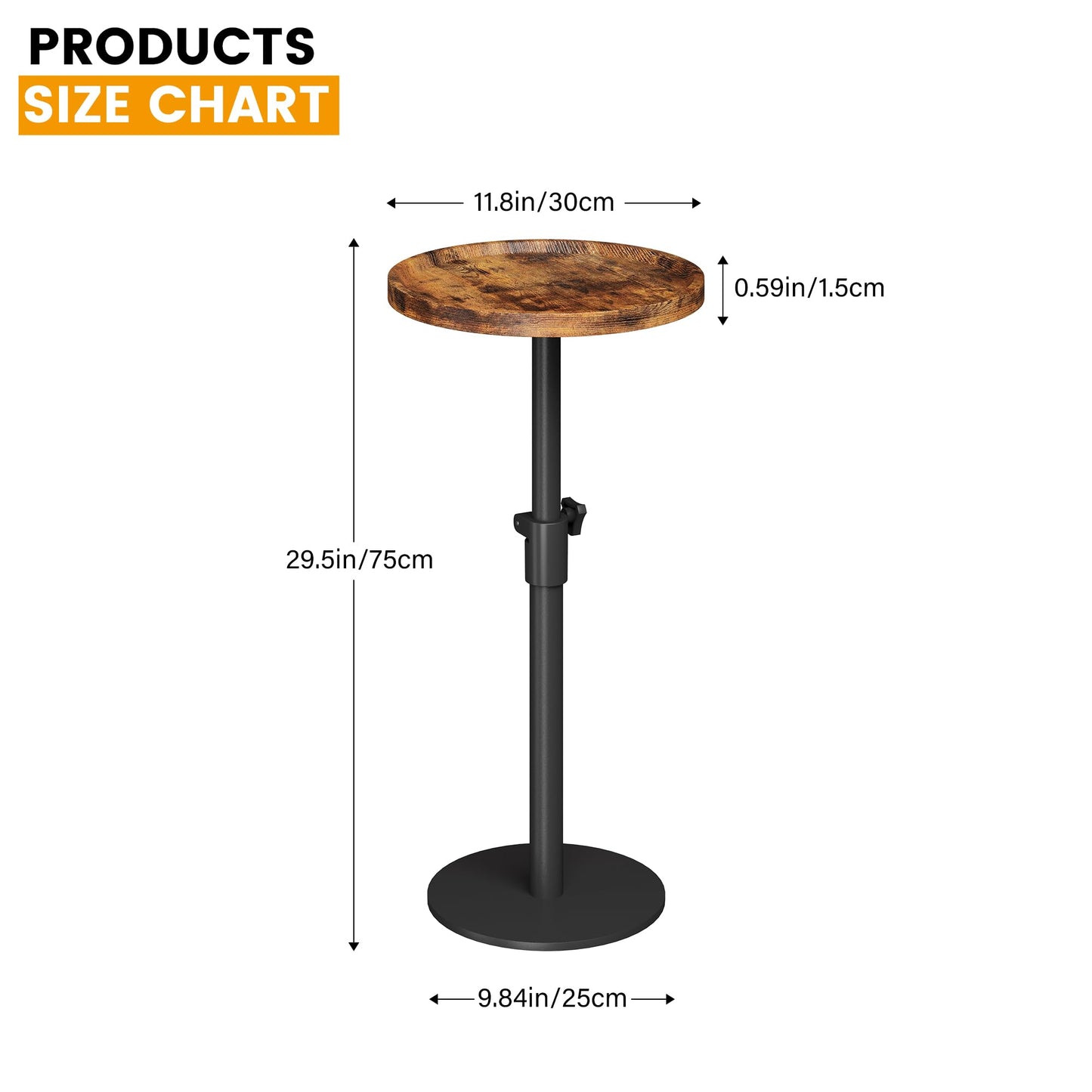 Homeiju Adjustable Round Side Table, Pedestal End Table for Small Spaces, Wooden Couch Table, Tall Drink Table for Living Room, Bedroom, Patio, Brown