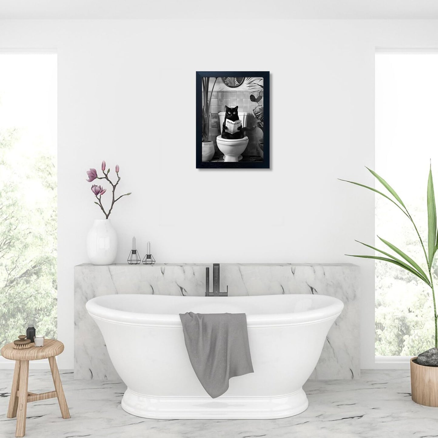 Black and White Bathroom Wall Decor Funny Black Cat Sitting on Toilet Reading Newspaper Humorous Bathroom Wall Art Small Framed Animal Canvas Print Artwork