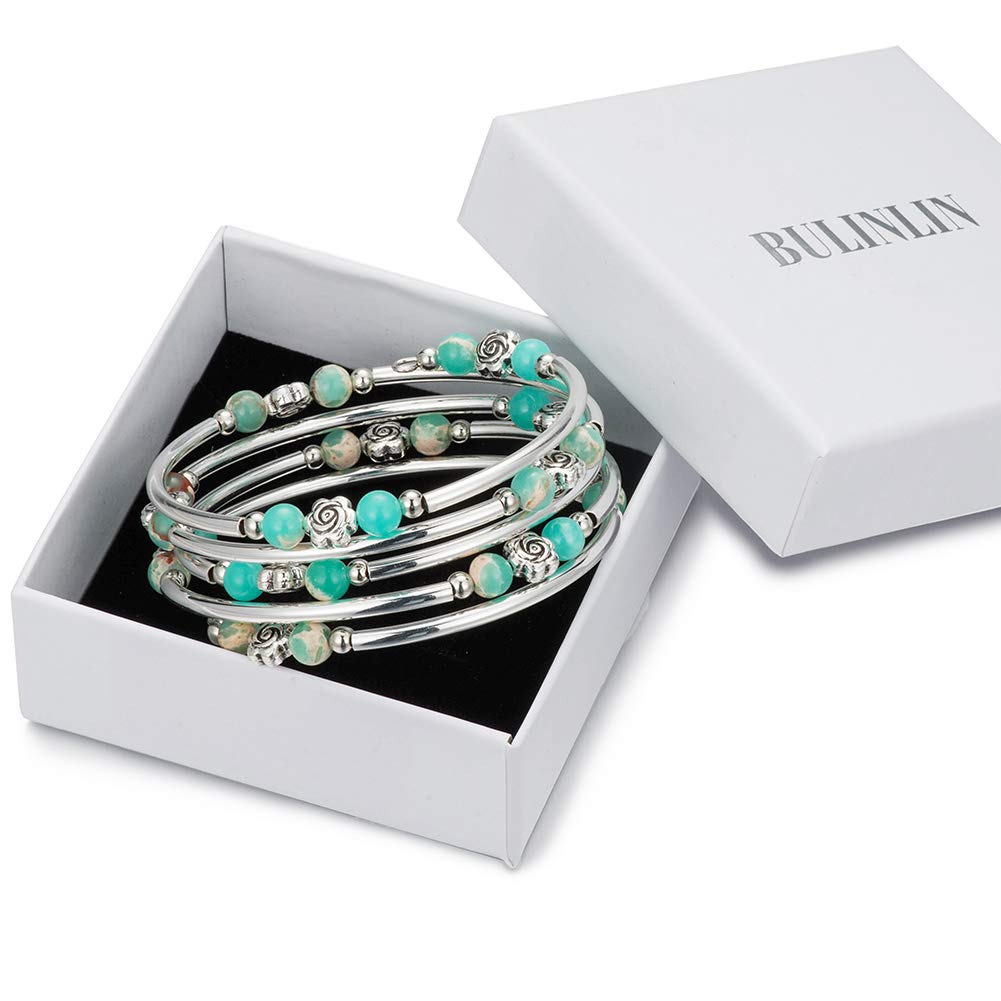 BULINLIN Wrap Bangle Rose Bead Bracelet - Beaded Bracelet with Natural Agate Stone Gifts For Women(01-Water green)