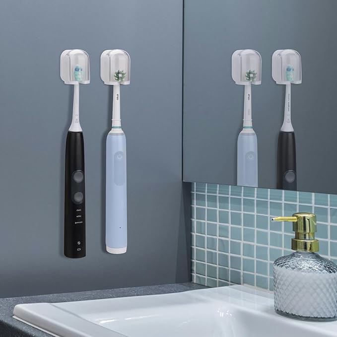 4Pack Toothbrush Holder Wall Mounted with Cover for Bathroom, Self-Adhesive Toothbrush Stand with Toothpaste Holder, Toothbrush Storage Organizer for Shower