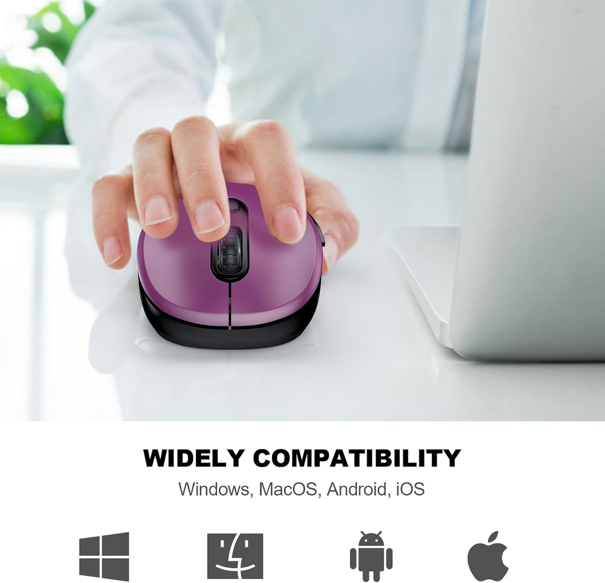 WisFox 2.4G Wireless Mouse for Laptop, Ergonomic Computer Mouse with USB Receiver and Type-C Adapter, 3 Adjustable Levels, 6 Button Cordless Wireless Mice for Windows Mac PC Notebook (Purple)