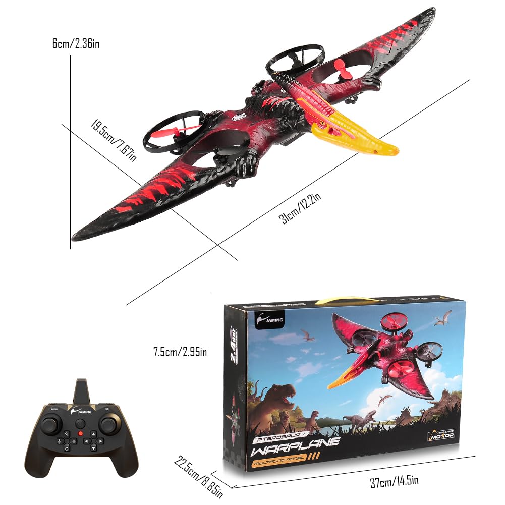 Dinosaur Remote Control Drone, 2.4G EPP Foam RC Pterodactyl Hobby RC Airplanes with 6-Axis Gyro, One Key Takeoff Landing, Stunt Roll & 360 Flip, Fighter Jet Toy Christmas Birthday Gift for Boys Girls