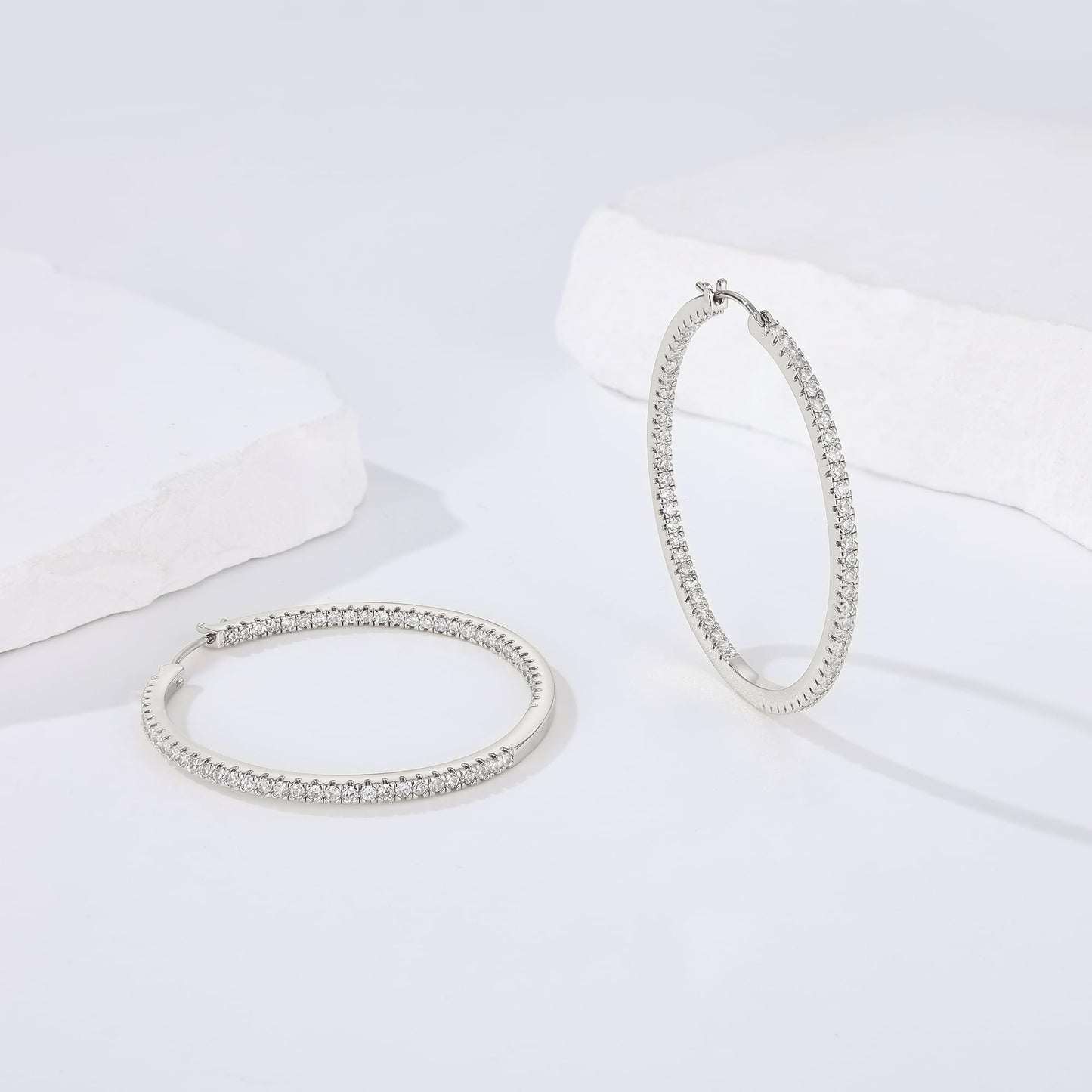 Gacimy Silver Hoop Earrings for Women, 50mm Cubic Zirconia Hoop Earrings, 14K White Gold Plated Brass with 925 Sterling Silver Post