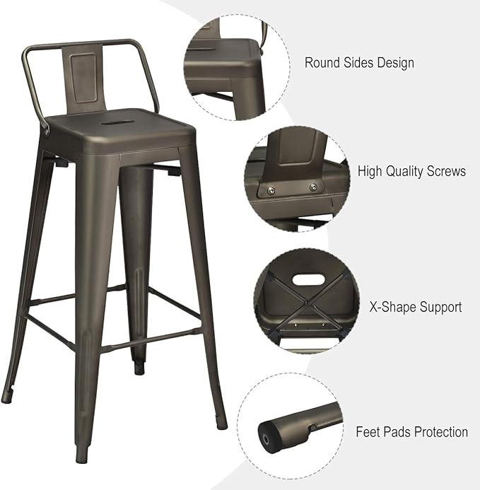 COSTWAY Metal Bar stools Set of 4, with Removable Back, 30'' Bar Height Stools with Rubber Feet, Stylish and Modern Chairs, for Kitchen, Dining Rooms, and Side Bar (Gun, 30'')