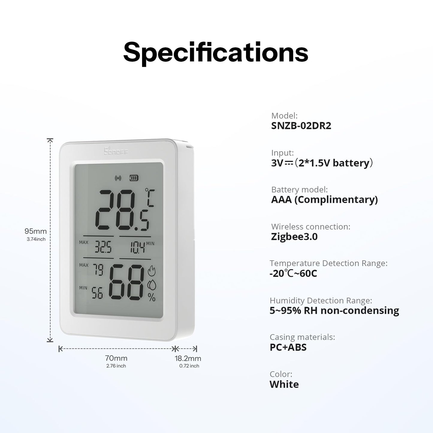 SONOFF AirGuard TH, Indoor Smart Zigbee Temperature and Humidity Sensor, 3.6'' LCD Display, App Monitoring with Charts, Notification Alerts, Data Export, Remote Data Display