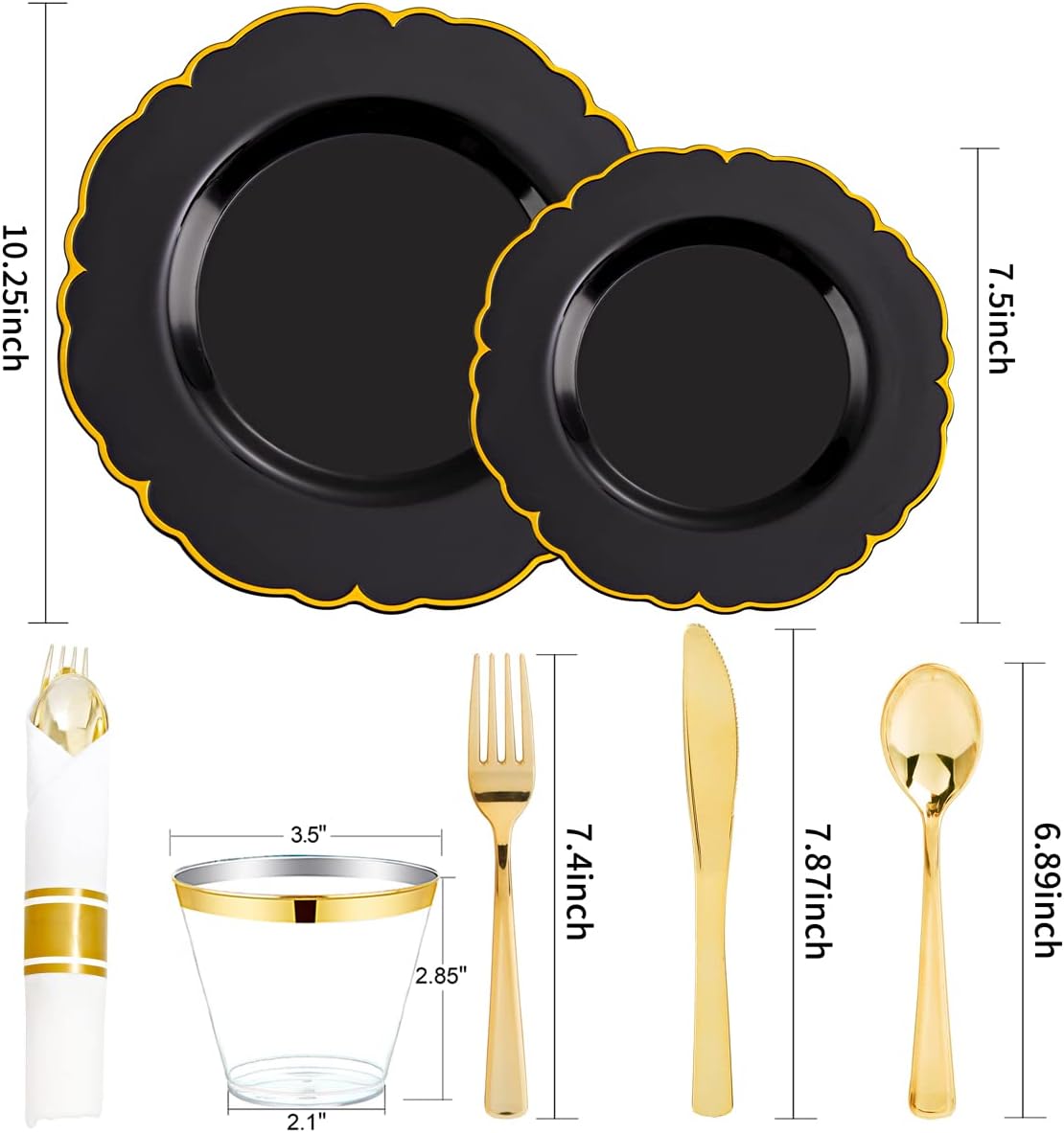 Morejoy 175PCS Black Gold Plastic Plates, Black Plate with Rolled Napkins: 50 Plates, 25 Spoons, 25 Forks, 25 Knives, 25 Cups for Wedding & Party & Birthday & New Year & Halloween