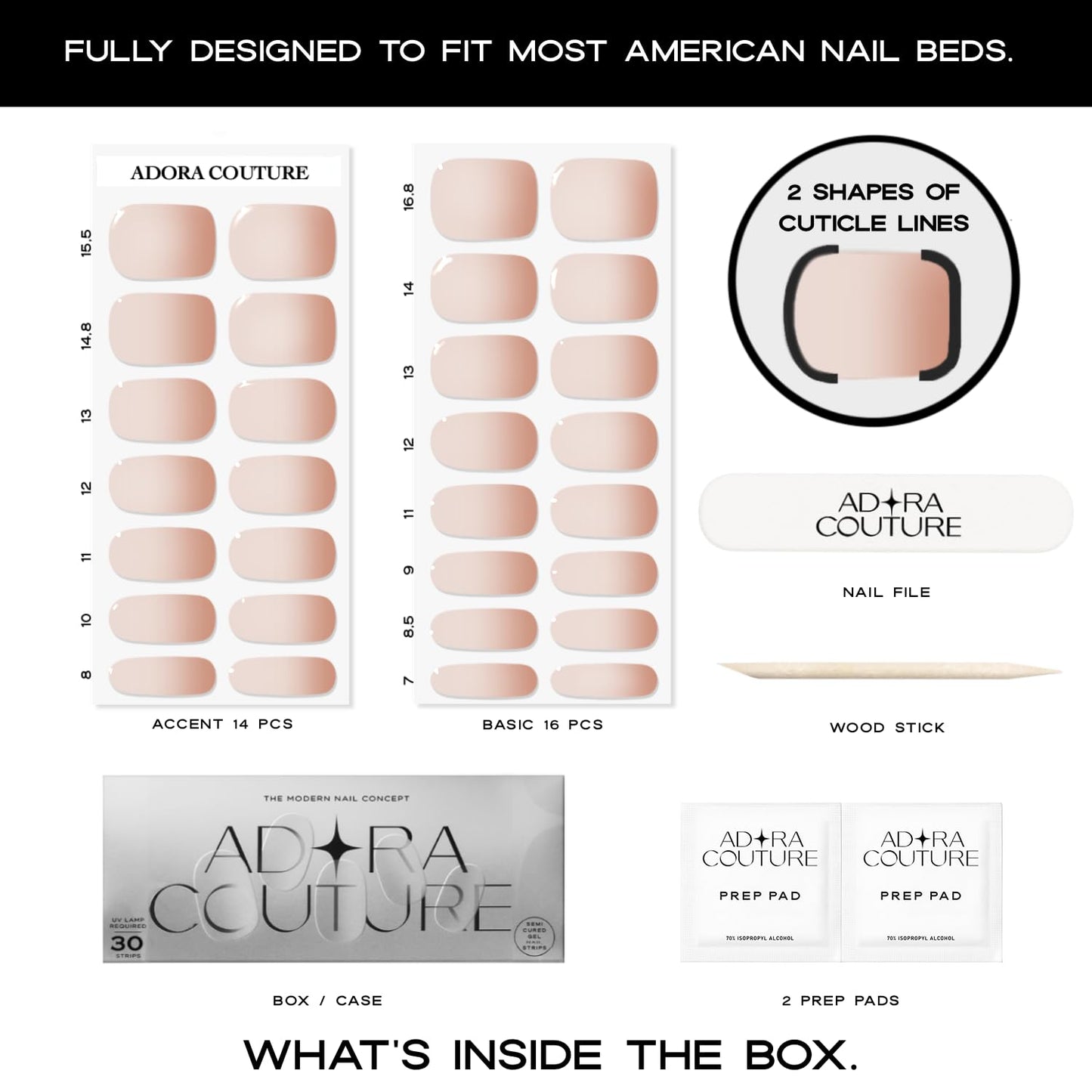 Adora Couture Semi Cured Gel Nail Strips with 30 Pieces - Salon Quality Manicure Kit for Women Easy Application Wraps Includes Prep Pads Nail File Wooden Stick, UV Light Required (Peach Fuzz)