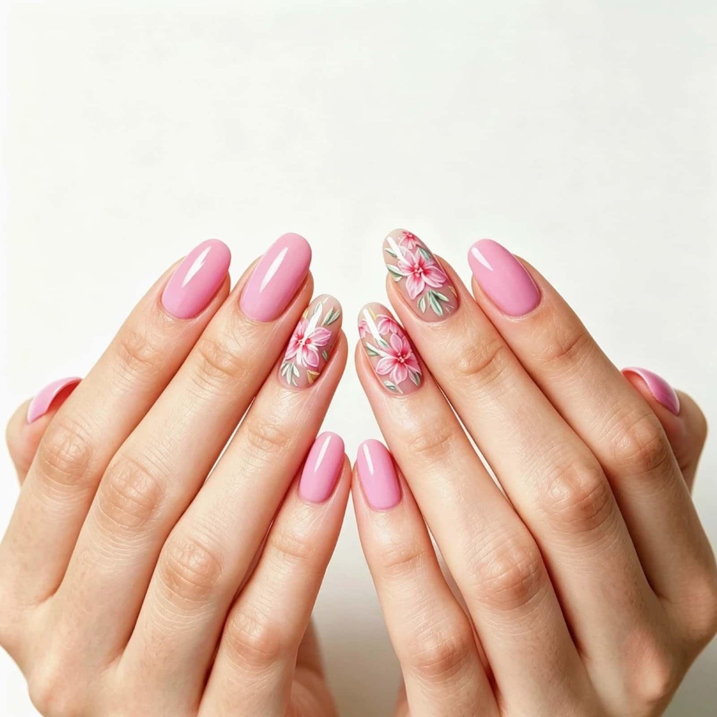 Pink Flower Press on Nails Short Round Fake Nails with Small Daisy Leaves Design Glossy White Glue on Nails Spring Summer Reusable Artificial Nail Full Cover Stick on Nails for Women 24 Pcs