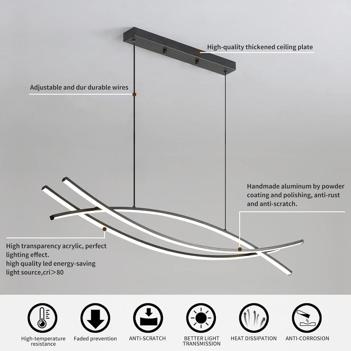 Modern Chandelier, Linear Pendant Light LED Dimmable Hanging Light Fixture, 3000K-6500K with Remote Control (Black, 47IN)