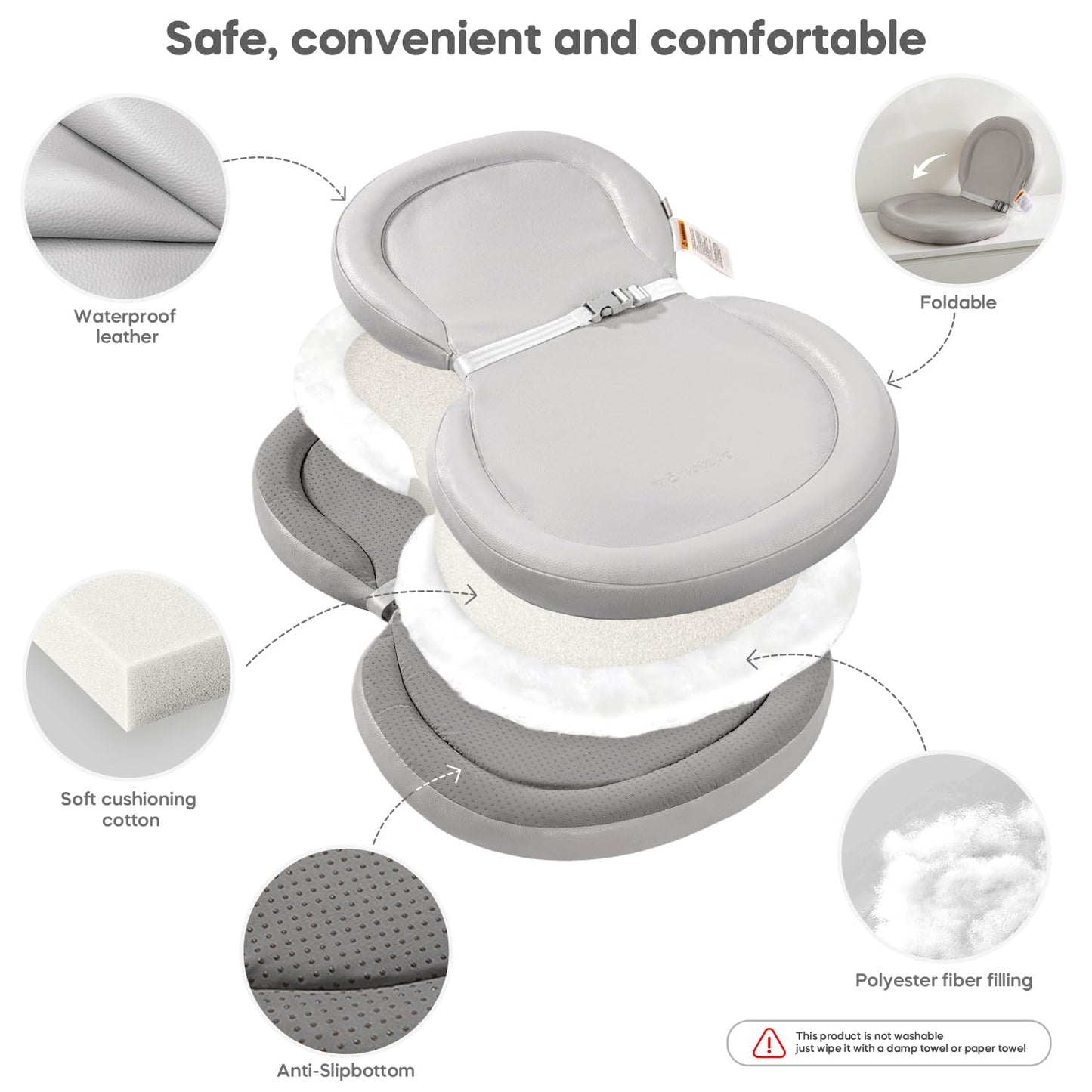 Waterproof Peanut Baby Changing Pad, Foldable Travel On-the-Go for Dresser & Changing Table, Wipe-Clean PU Diaper Pad with Non-Slip & Adjustable Safety Belt, 24"x16", Gray