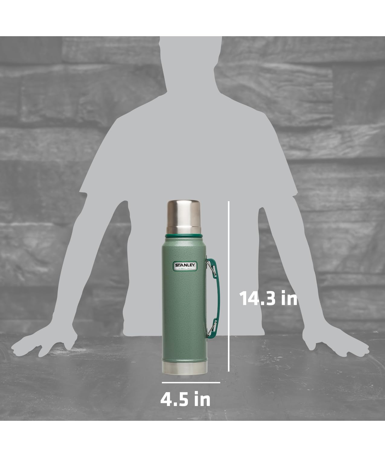 Stanley Heritage Classic Vacuum Bottle with Handle 1.1 qt | Wide Mouth w/Leakproof Cup Lid | Keep Drinks Hot or Cold | Insulated Stainless Steel Thermal Bottle | BPA-Free | Hammertone Green