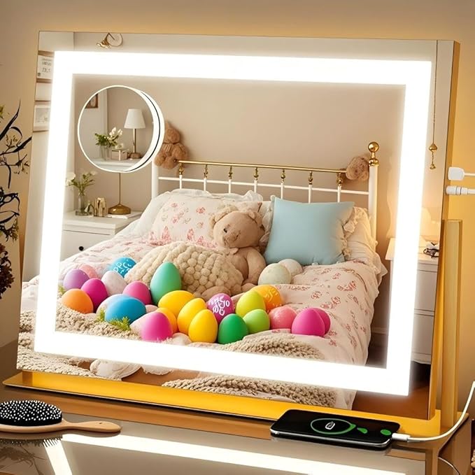 FENNIO Vanity Mirror with Lights 22''x18'' Makeup Mirror with Lights,Lighted Makeup Mirror with 10X Magnification and USB,Smart Touch Screen with 3-Color Lighting,Dimmable(Square Gold)
