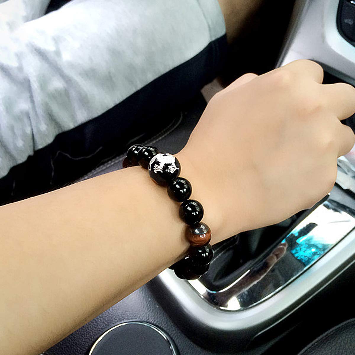 Merdia Men's Tiger Eye Stone Elastic Bead Bracelet with Loong Pattern