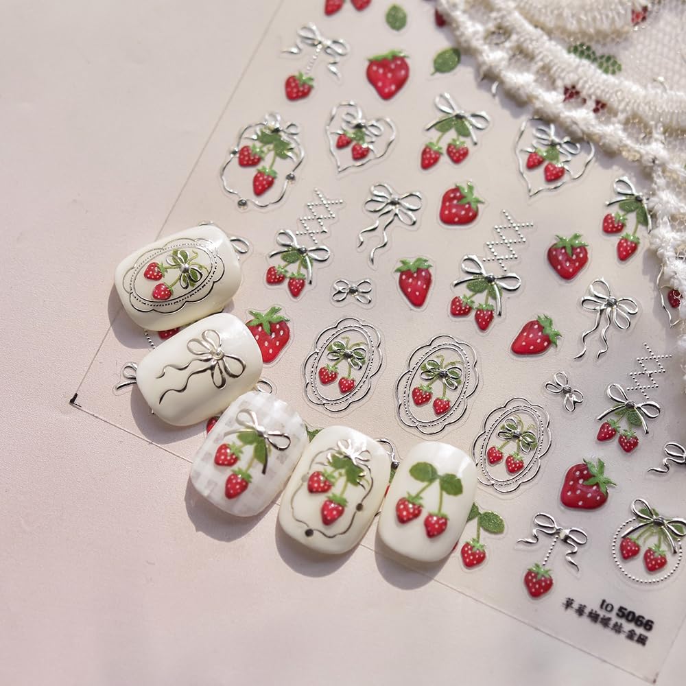 Strawberry Kiss Nail Stickers 5D Embossed – Premium Salon-Quality Nail Charm Accessories, Easy Application & Self-Adhesive Cute Berry Bowknot for DIY Manicure, Nail Art, Press on, Home or Salon Use