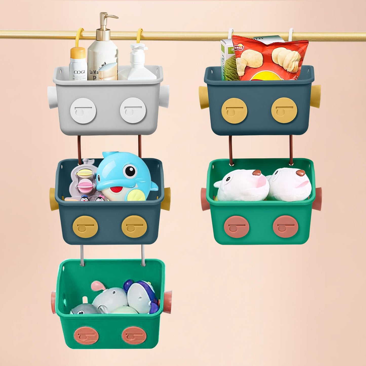 Karceyworth Bath Toy Storage Organizer Basket, 3 Pack Cute Robot Bathtub Shower Toy Organizer, Wall Mounted Hanging Bath Toy Holder with Hooks, for Tub Laundry