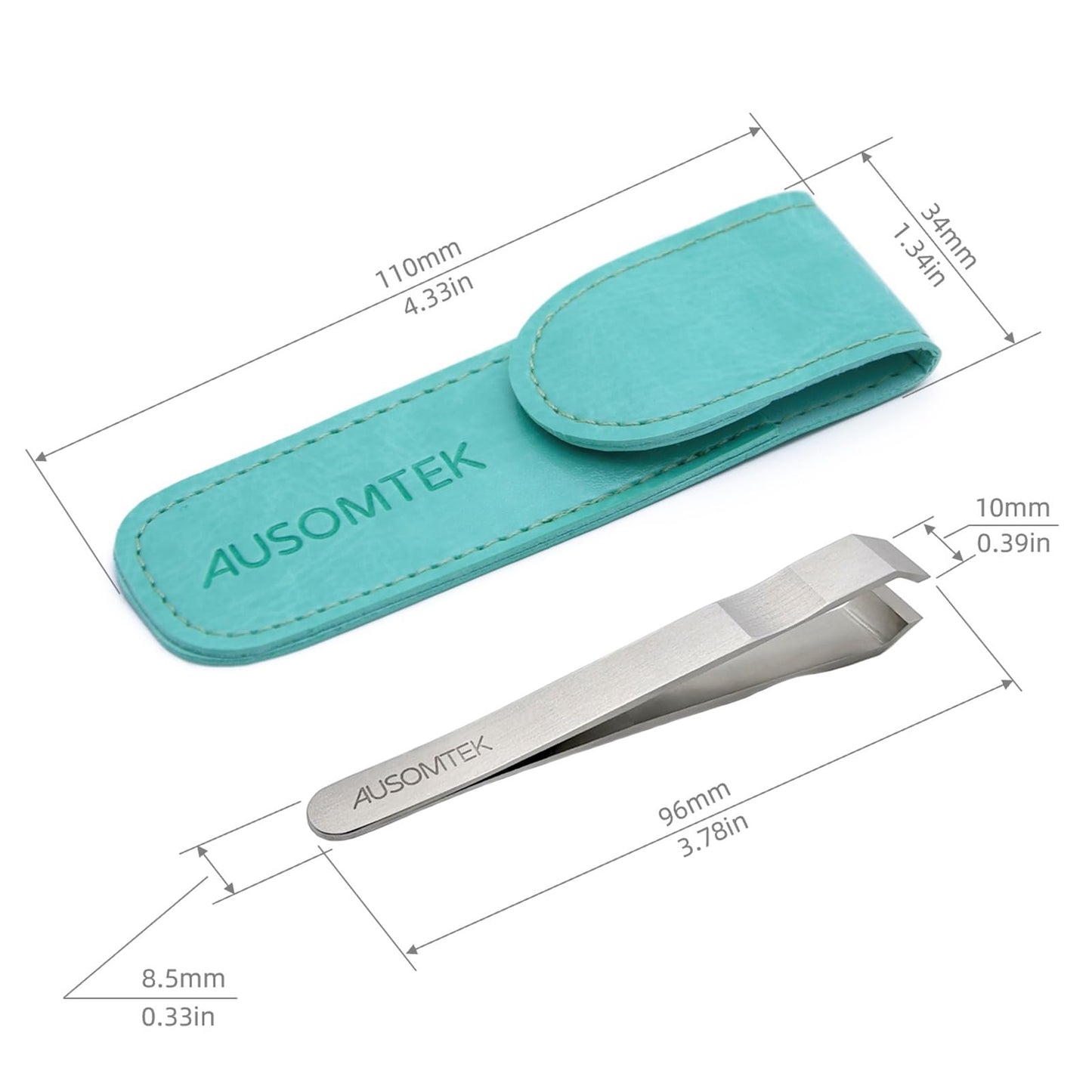 AUSOMTEK Beard & Hair Plucking Tweezers, Fine Eyebrow Tool, Stainless Steel, 10mm Tip, Anti-Slip Slot Design, Cyan PU Case