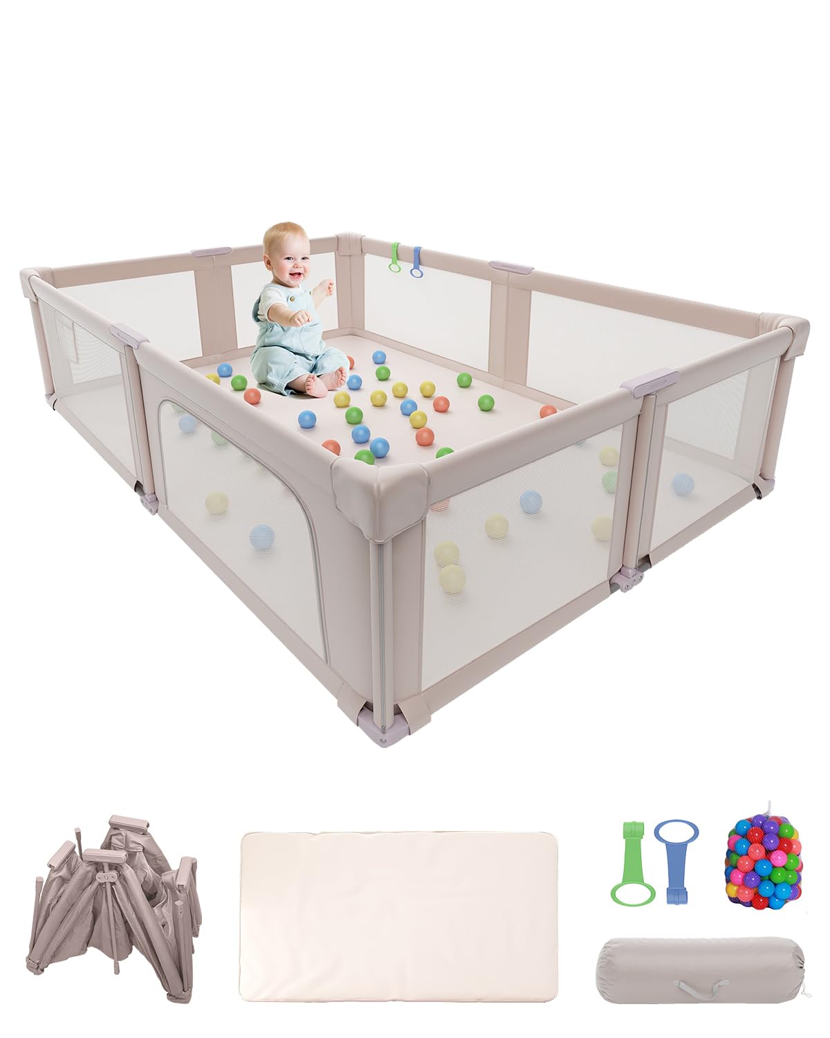 Foldable Playpen with Mat for Babies and Toddlers, 73" x 61" Baby Play Pen for Indoor & Outdoor, Playard with Soft Breathable Mesh, Pull-Link and Ocean Balls, Pink