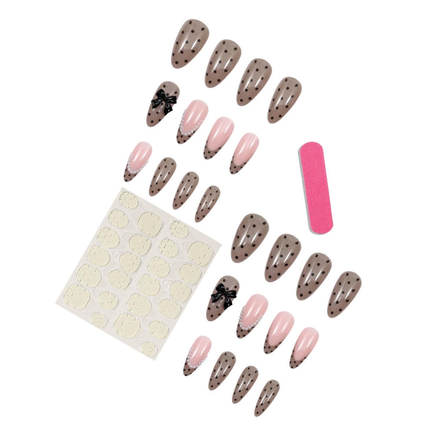 octoswave Press on Nails Medium Almond Fake Nails Cute French Artificial Nail with Bow and Pearl Charm Stick on Nail for Women 24pcs