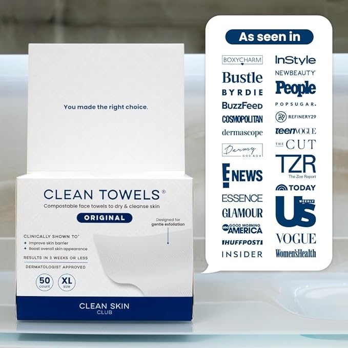 Clean Skin Club Clean Towels XL®, 100% USDA Biobased Face Towel, Disposable Face Towelette, Eczema Association Accepted, Makeup Remover Dry Wipes, Ultra Soft, 1 Pack, 50 Ct