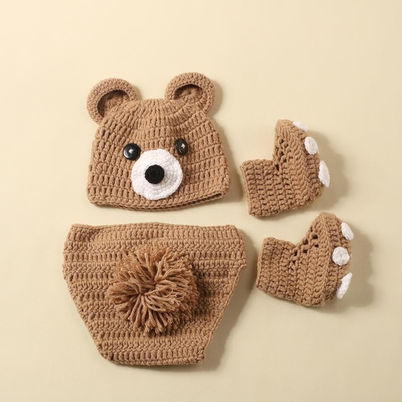 Newborn Baby Photo Shoot Props Girl Boy Crochet Knit Hat Costume Stripe Hat Pants Overalls Photography Props - color: Khaki