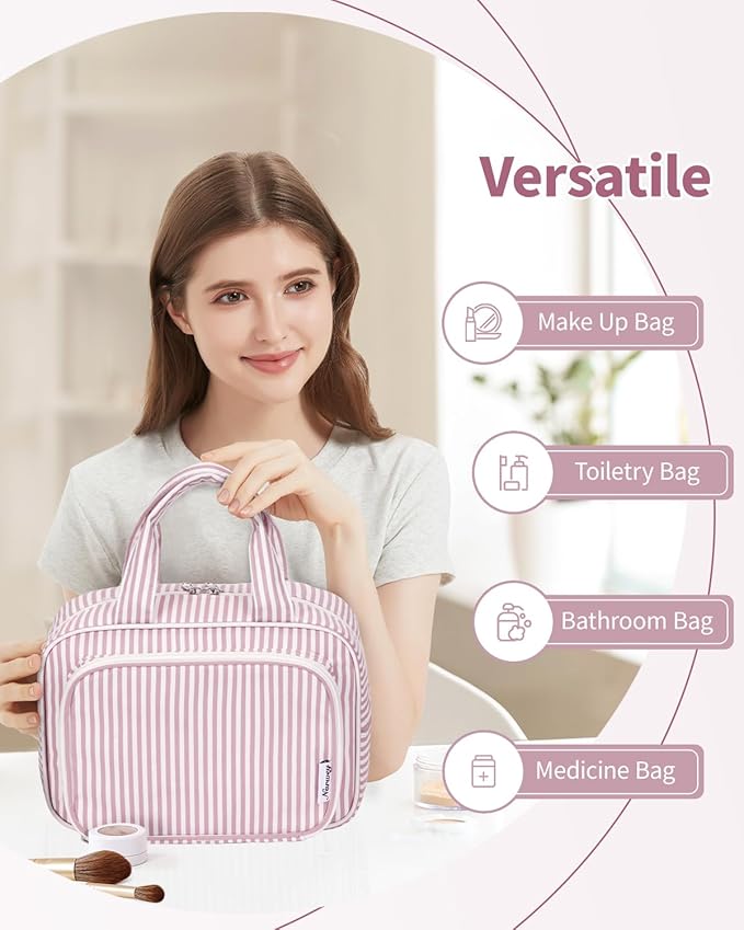 Narwey Large Travel Toiletry Bag for Traveling Women, Cosmetic Makeup Bag Make Up Organizer, Striped Travel Bag for Toiletries with Handle (Dusty Rose Stripe)