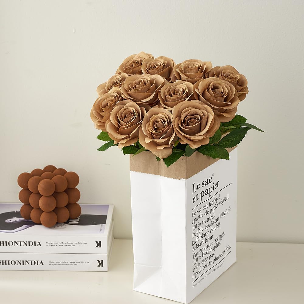 12pcs Coffee Roses Artificial Flowers Fake Roses Silk Flowers Roses with Long Stems for Wedding Home Party Centerpieces Decorations