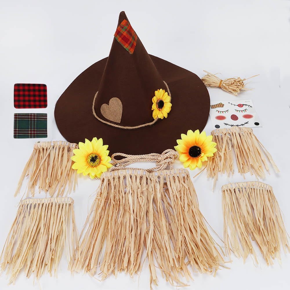 Lunaryvo Scarecrow Costume, Scarecrow Hat Raffia Straw Kit Face Decals Sunflower Patchwork Halloween Harvest Accessories (Brown-13pcs)