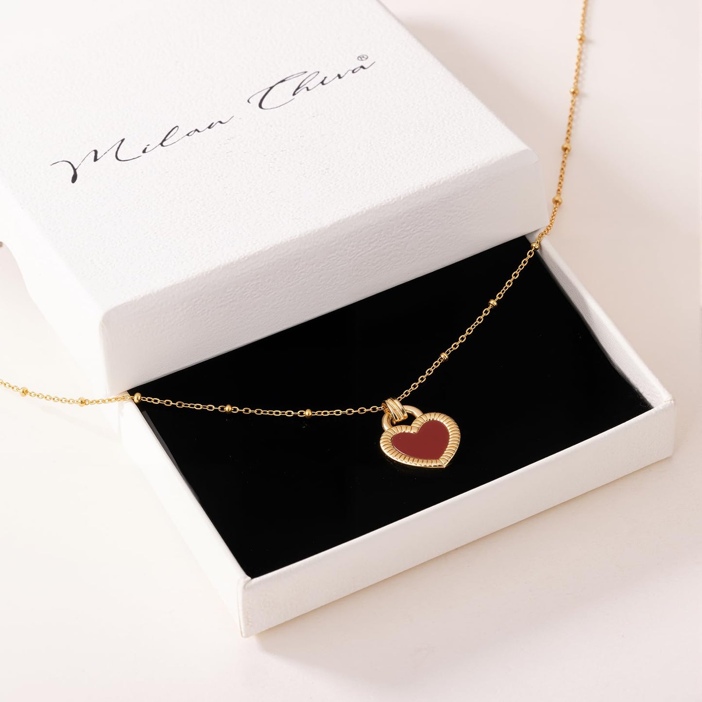 Milan Chiva Womens Heart Pendant Gold Necklace 14K Double Side Dainty Shell Statement Chain Jewelry MNS-1030WRD