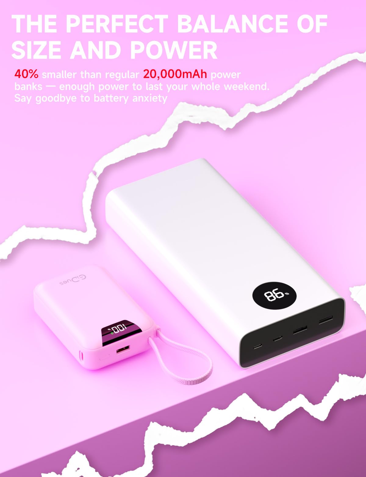 Gidues M2 Portable Charger, 20000mAh Power Bank, PD 35W Ultra Fast USB-C Built-in Cable, Compact Cute Mini External Battery Pack for iPhone, Samsung, Android iPad (Pink)