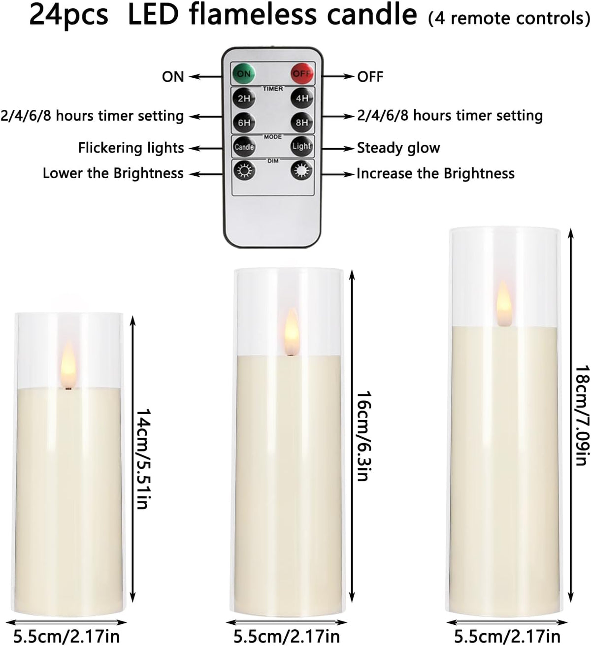 Flickering Flameless Candles Battery Operated with Remote and 2/4/6/8 H Timer Plexiglass Led Pillar Candles with Realistic Moving Wick Candles for Home Decor Pack of 48(D2.2"xH 5"6"7")(Ivory)