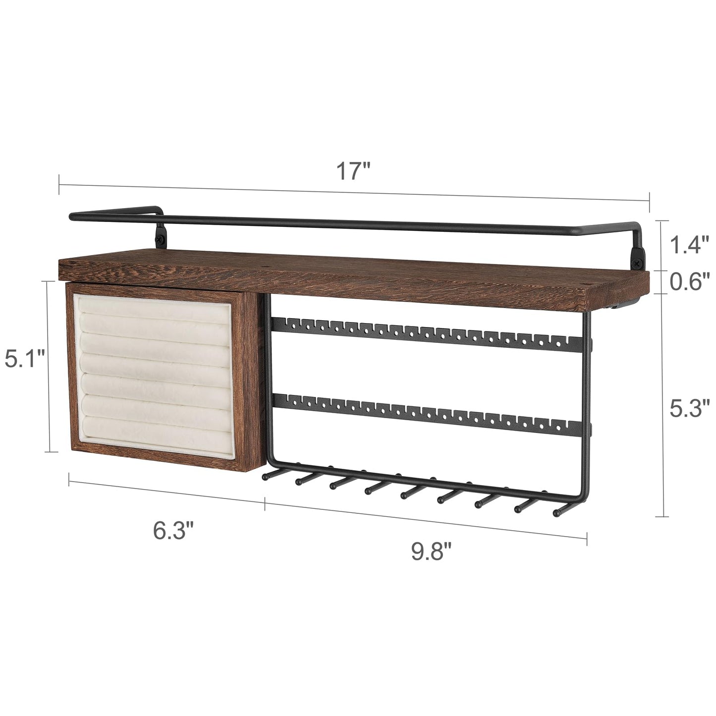 Mkono Hanging Jewelry Organizer Wall Mounted Jewelry Organizer Necklace Holder with Rustic Wood Shelf, Ring Display Box, Ear Studs Earring Holder Bracelet Organizer (Brown)