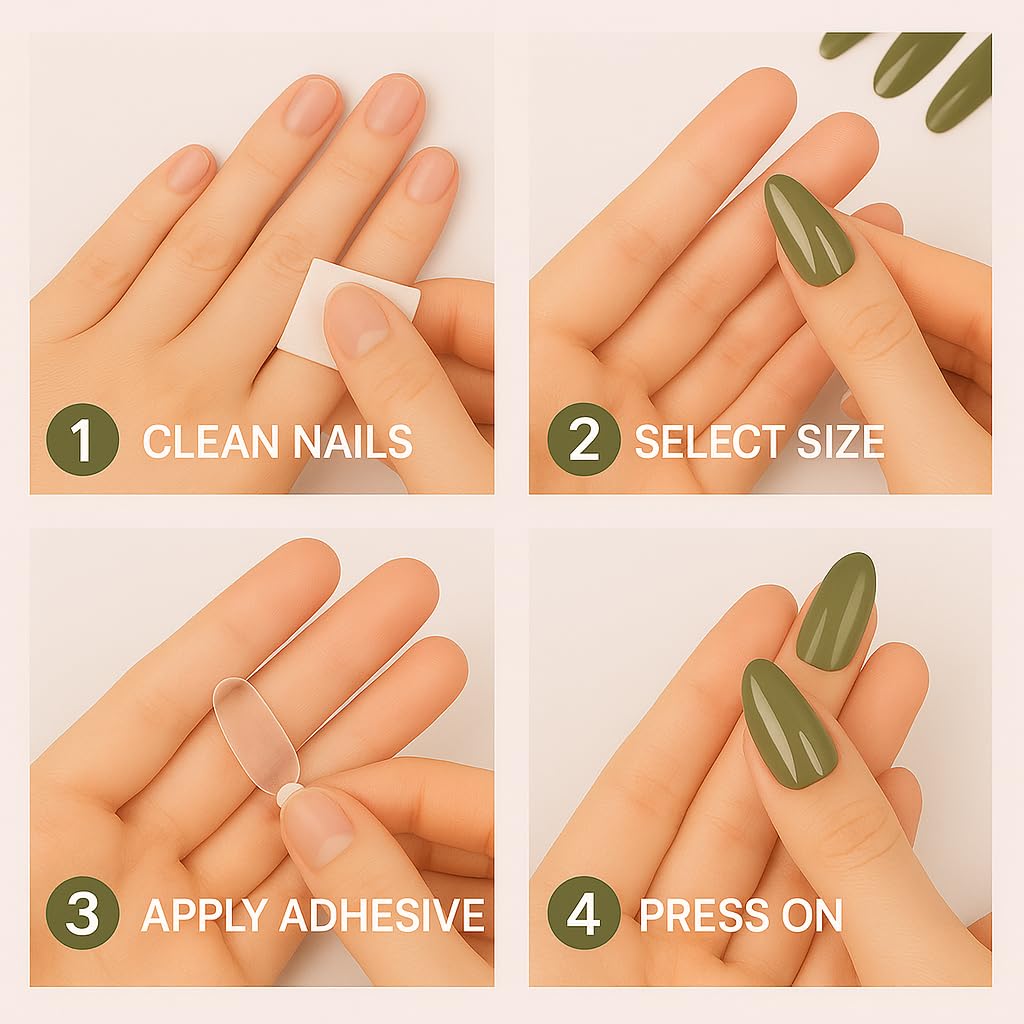Glossy Olive Green Press On Nails – Almond Shape, Medium Length, 24 PCS Fake Nails with Nail File & Glue Tabs, Reusable ABS Material