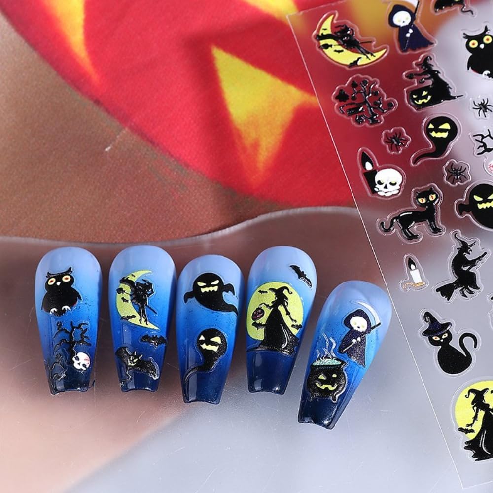 Halloween Nail Stickers Ghost Skeleton Nail Art Stickers 3D Self-Adhesive Butterfly Bow Nail Designs 5D Embossed Coffin Pumpkin Nails Supplies for Women Holiday DIY Manicure 5 Sheets