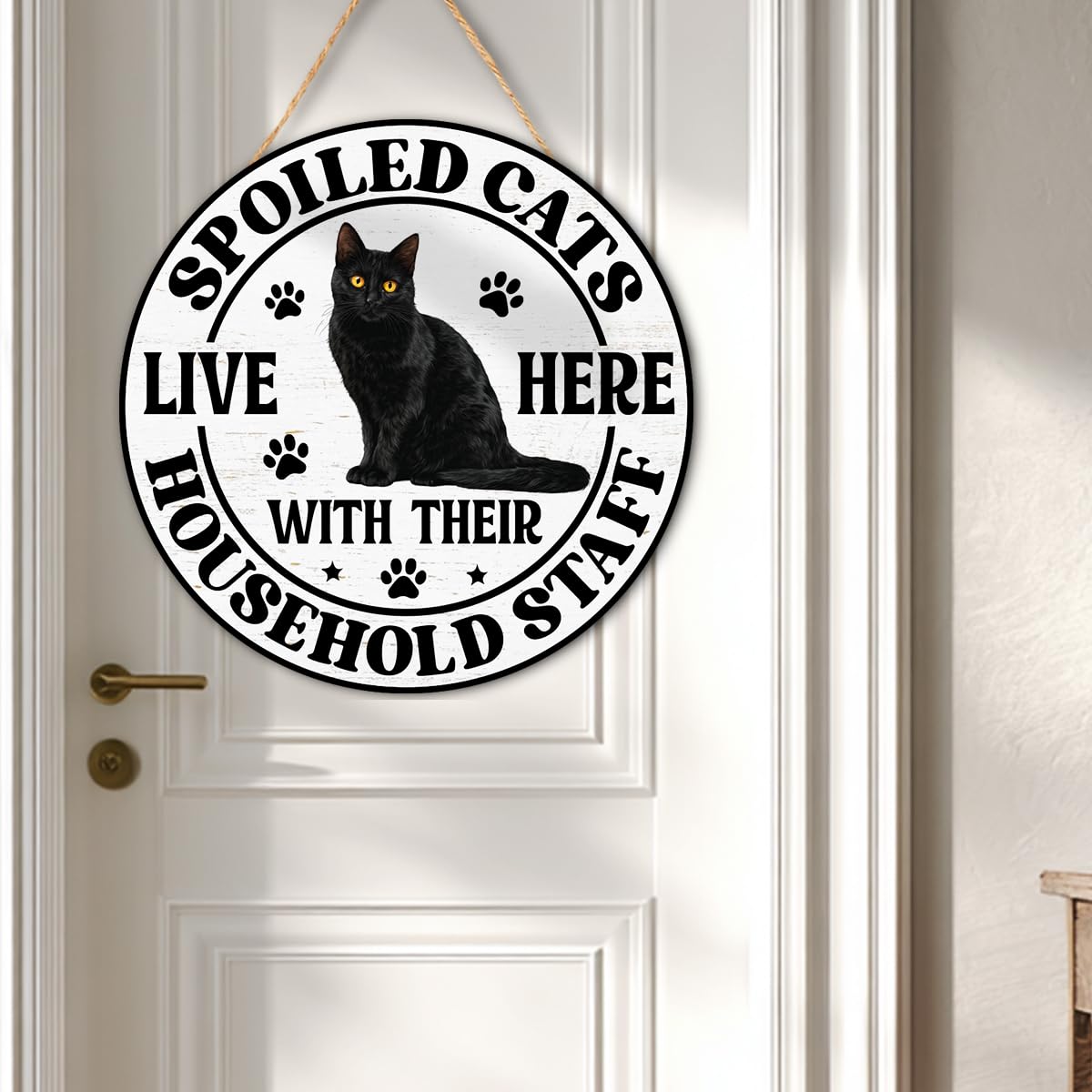 Black Cat Wood Hanging Sign for Front Door, Cat Gifts House Welcome Sign