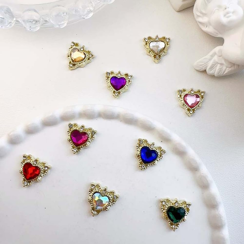 3D Heart Shape Nail Charms Luxury Shiny Alloy Rhinestone Golden Nail Crystal Diamonds Jewelry Studs Decoration 30PCS