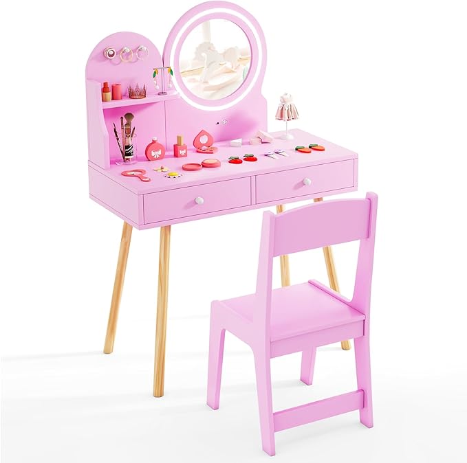 Costzon Kids Vanity, Girls Vanity Set with Mirror and Stool and Lights, Drawers, Storage Shelf & Hooks, 2 in 1 Makeup Desk Dressing Table, Kids Vanity Table and Chair Set (Pink)