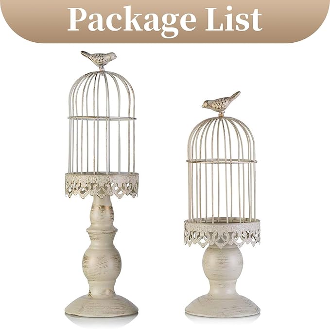 Sziqiqi Birdcage Candle Holders Decorative Set of 2,Distressed Ivory