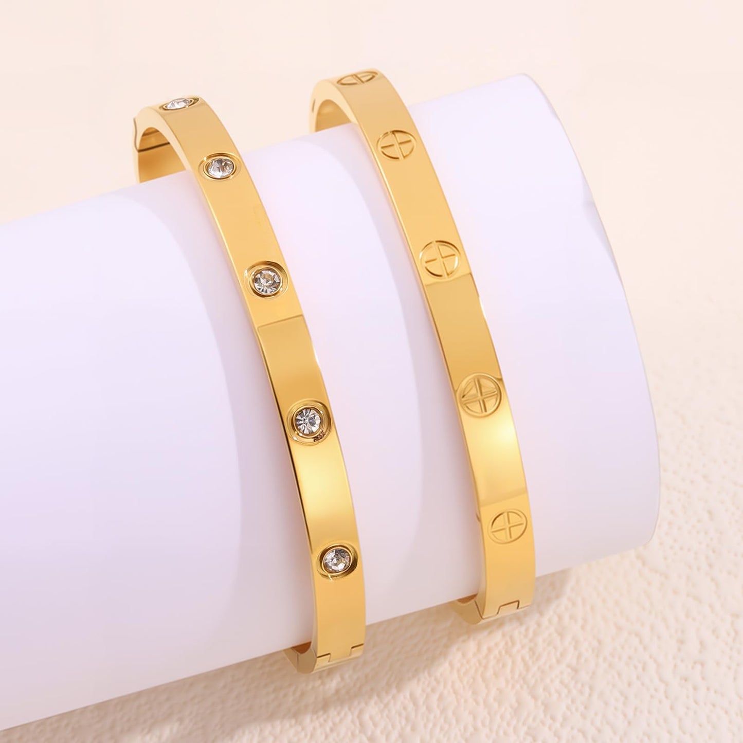 Camhanno 18K Gold Plated Stainless Steel Cuff Bracelet & Love Friendship Screw Bangle Bracelet Set for Women with Gift Box (2Pcs Gold Set Style 3)